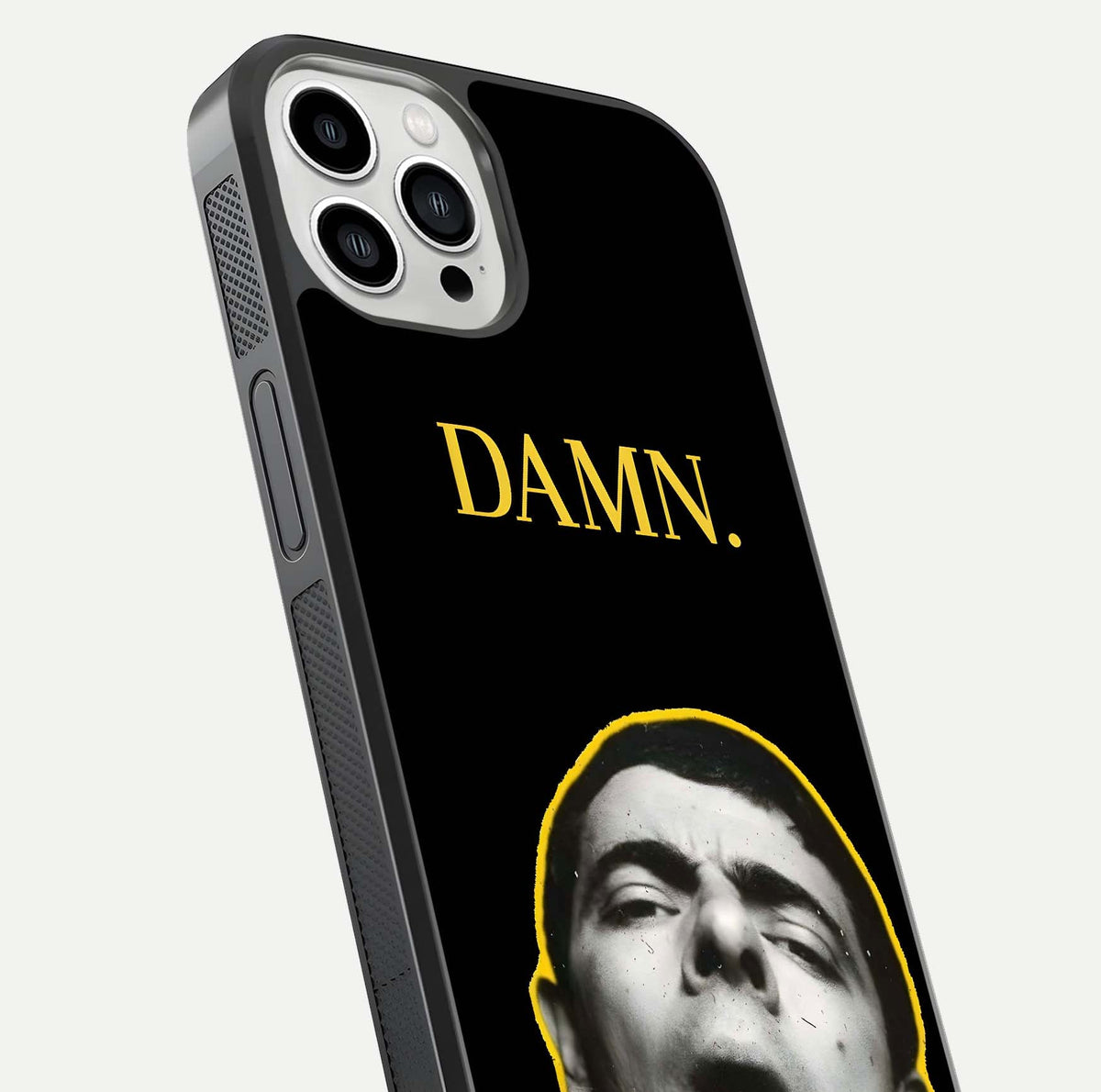 Mr Bean Damn Glass Case for iPhone 13 Pro Max close-up angled shot highlighting comic expression and shine detail