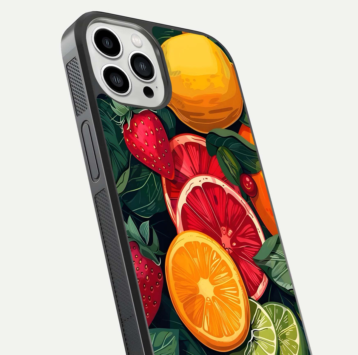 Multiple Fruits Glass Case for iPhone 13 Pro Max close-up angled shot showing fruit texture and HD gloss shine