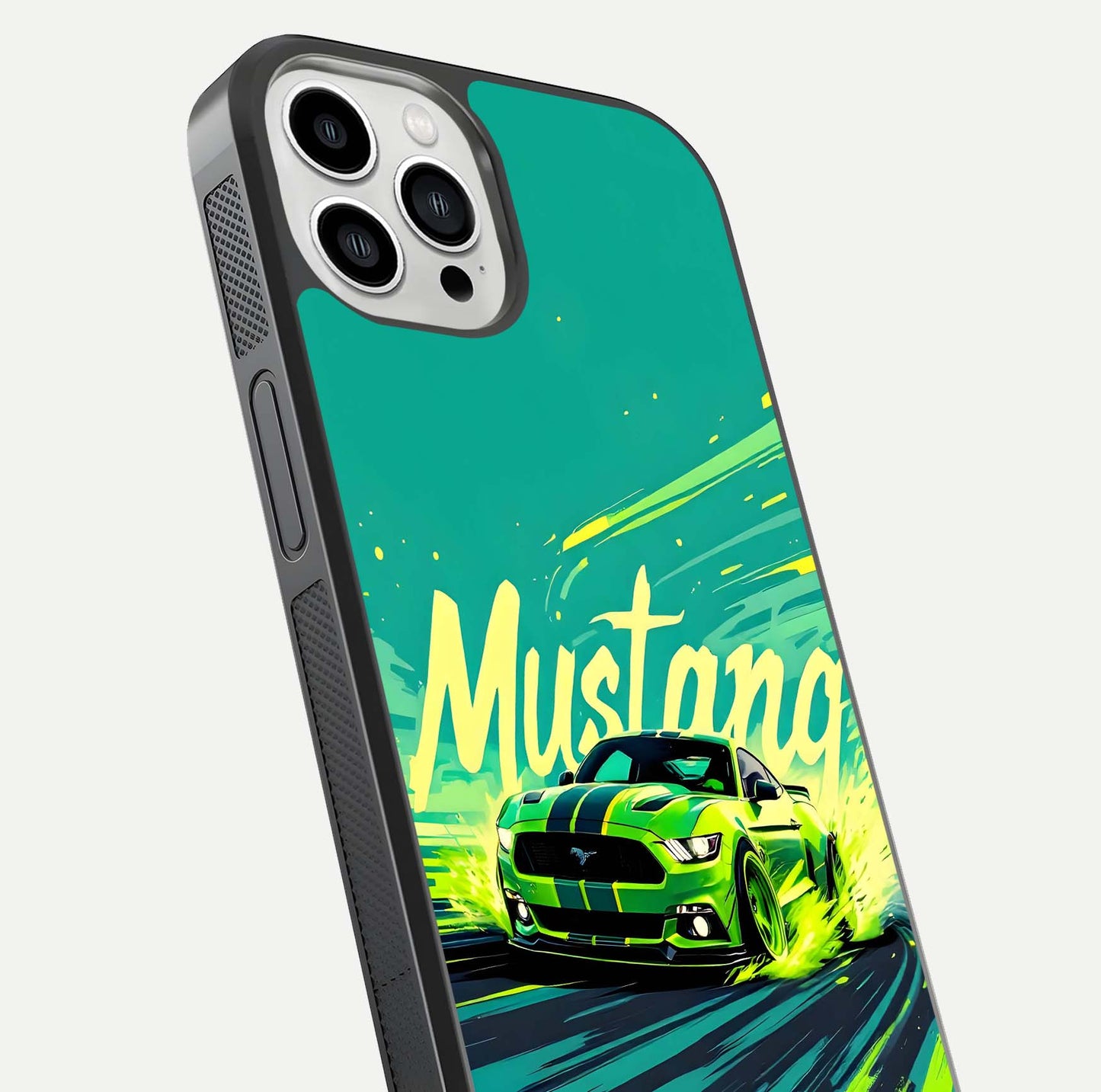 Mustang Bang Glass Case for iPhone 13 Pro Max close-up angled shot showing car emblem and HD reflection