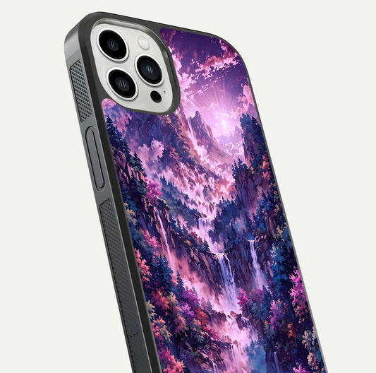 Mystic Cascade Peaks Glass Case for iPhone 13 Pro Max close-up angled shot showing peak reflections and color gradient