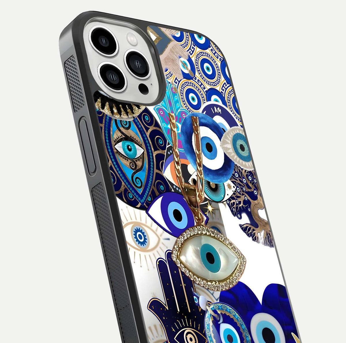 Mystic Charm Eye Glass Case for iPhone 13 Pro Max close-up angled shot showing detailed eye art and reflection