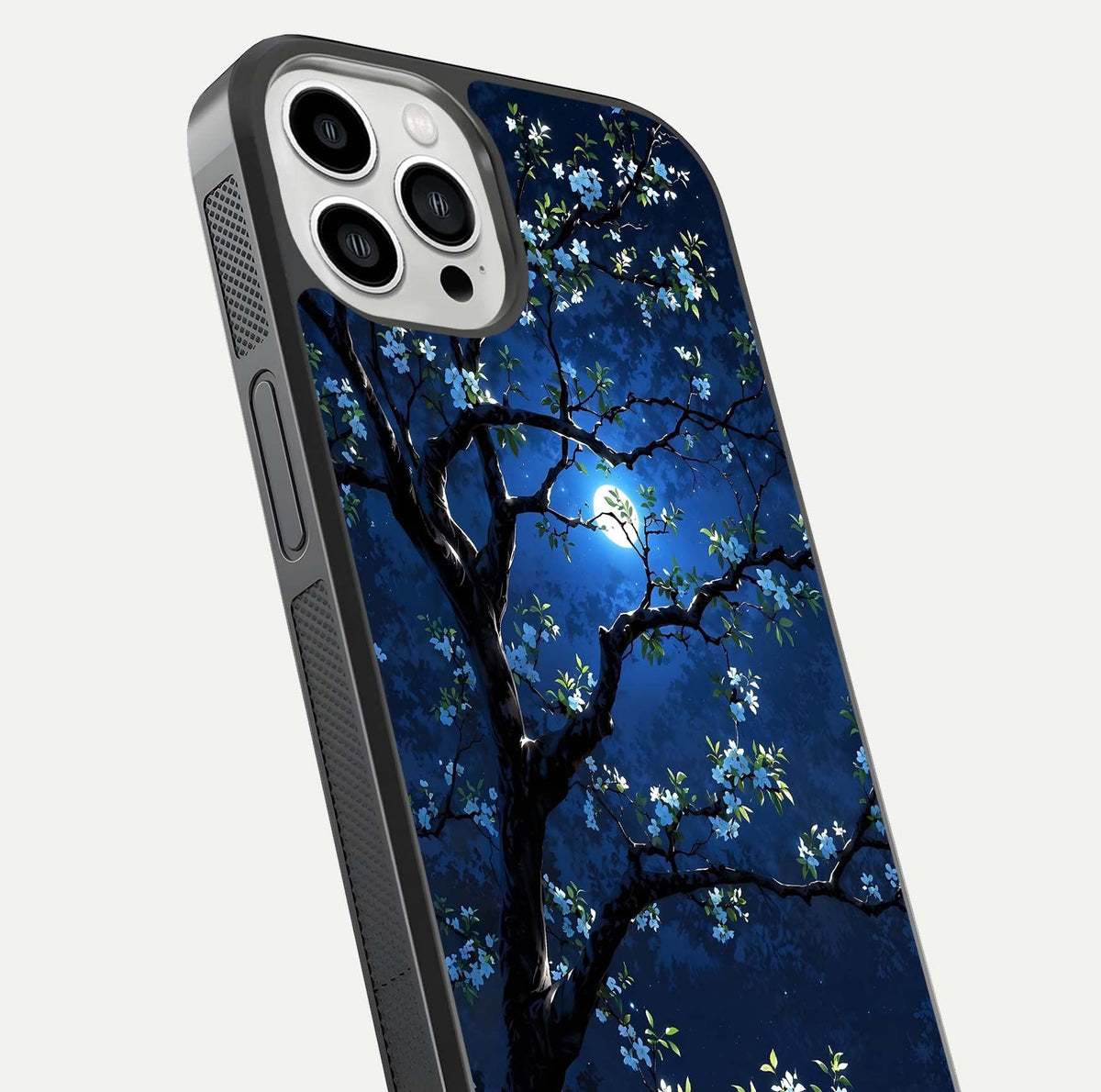 Mystic Floral Night Glass Case for iPhone 13 Pro Max close-up angled shot highlighting petal detail and HD reflection