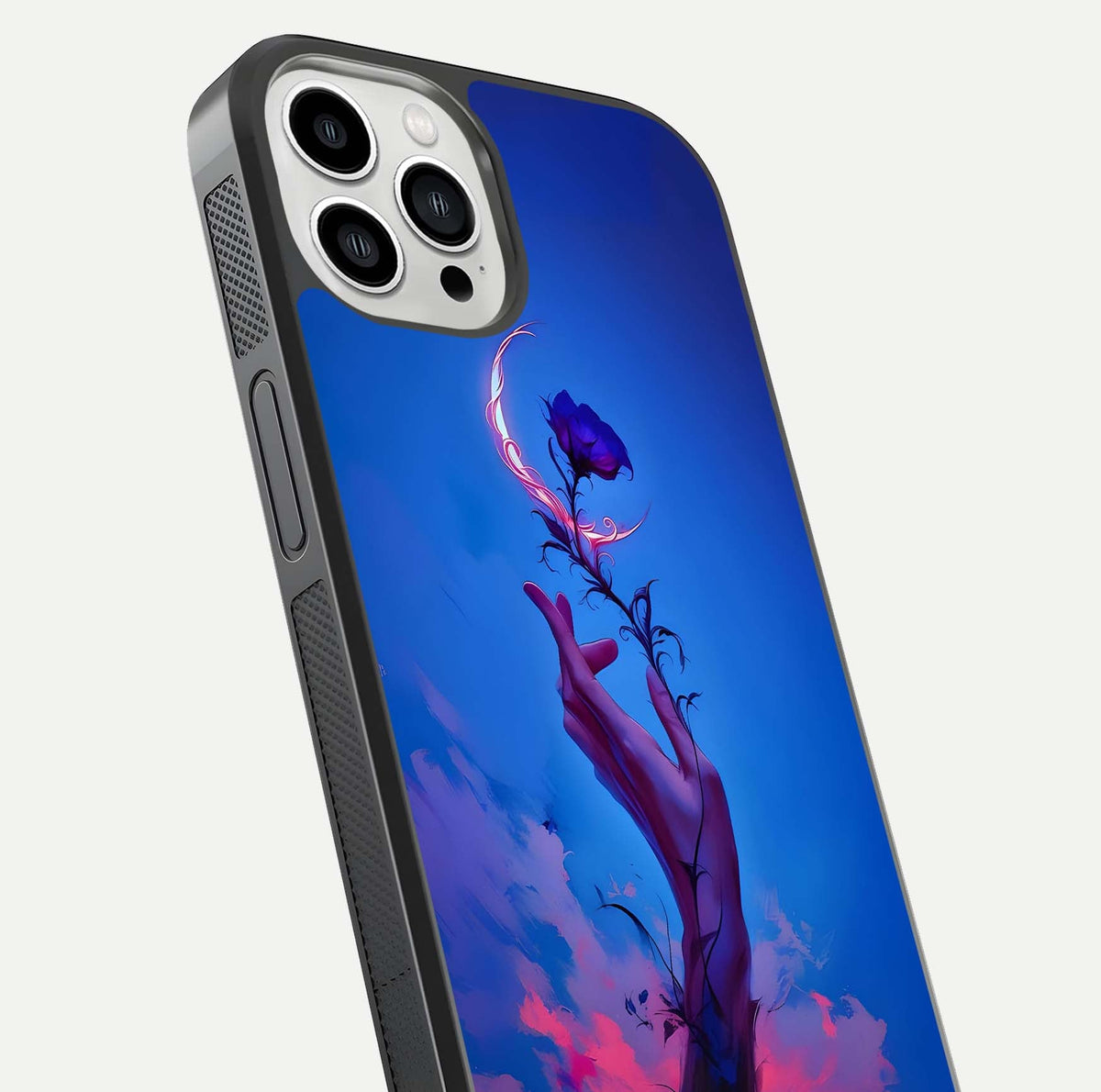 Mystic Hand Glass Case for iPhone 13 Pro Max close-up angled shot showing spiritual markings and reflection