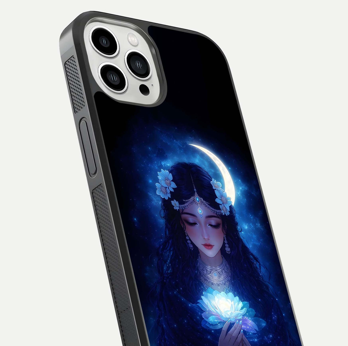 Mystic Moon Queen Glass Case for iPhone 13 Pro Max close-up angled shot showing shine and lunar tones
