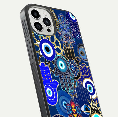 Mystic Palm Guard Glass Case for iPhone 13 Pro Max close-up angled shot showing eye symbol and fine texture