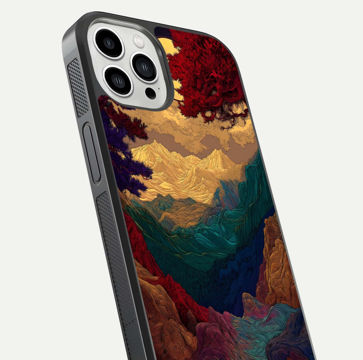 Mystic Valley Light Glass Case for iPhone 13 Pro Max close-up angled shot highlighting gradient sky and reflection
