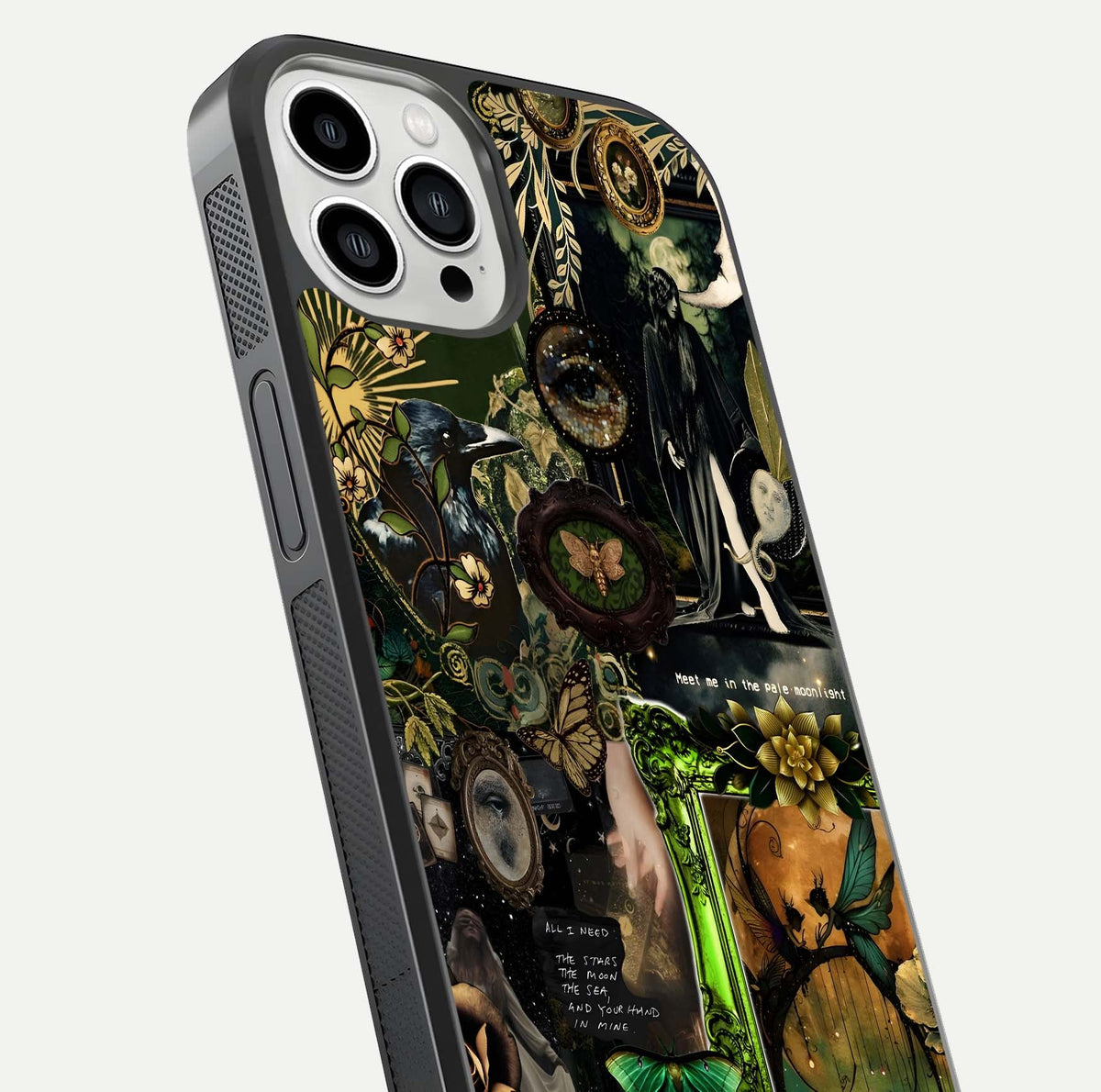 Mystic Woods Secret Glass Case for iPhone 13 Pro Max close-up angled shot highlighting tree texture and reflection