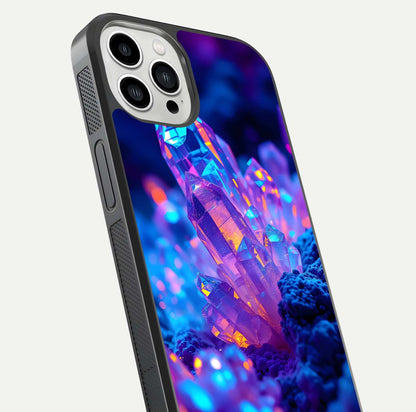 Neon Aura Shards Glass Case for iPhone 13 Pro Max close-up angled shot highlighting fragment pattern and reflection