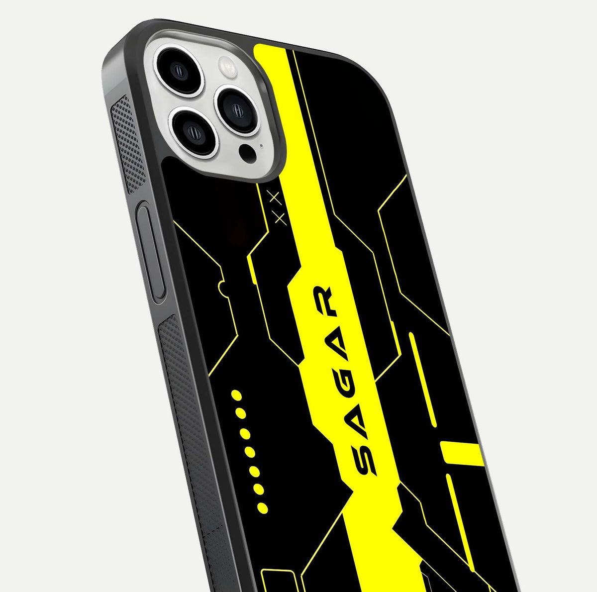 Neon CYBERPUNK Custom Name Glass Case for iPhone 13 Pro Max close-up angled shot highlighting electric colors and reflection