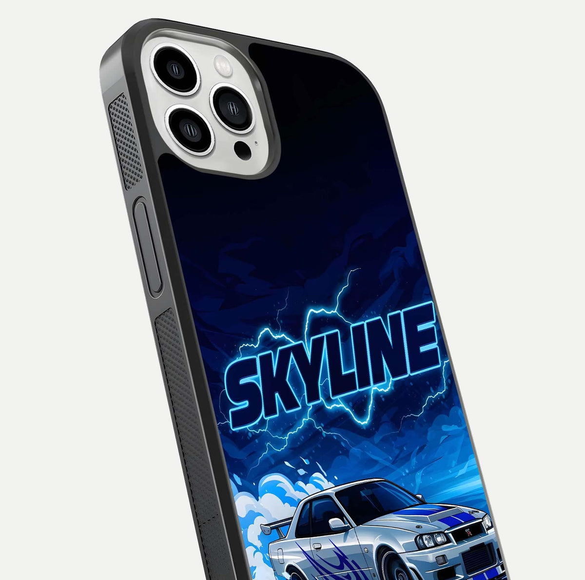 Neon Drift Beast Glass Case for iPhone 13 Pro Max close-up angled shot highlighting glowing streaks and vivid reflection