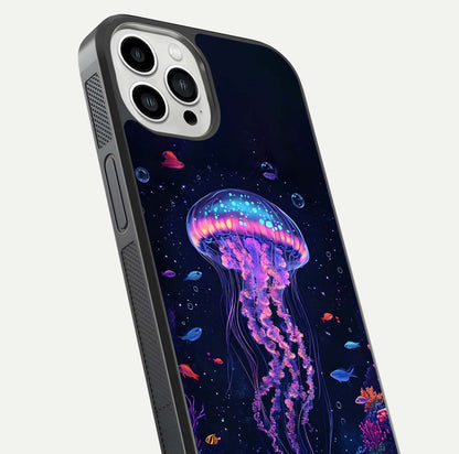Neon Jellyfish Glass Case for iPhone 13 Pro Max close-up angled shot showing translucent jellyfish and shine reflection
