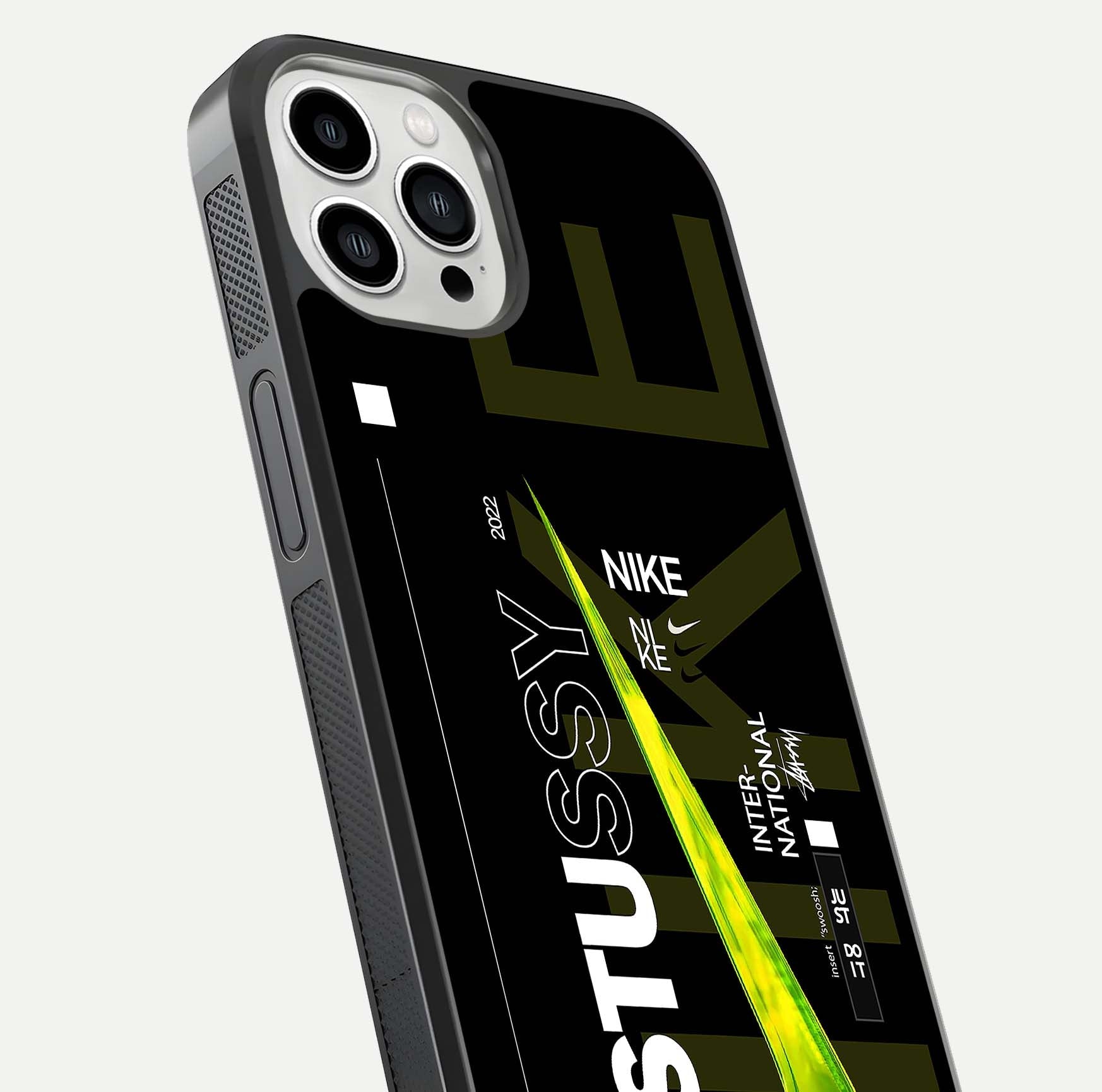 Neon Street Edition Glass Case for iPhone 13 Pro Max close-up angled shot showing urban neon lights and shine