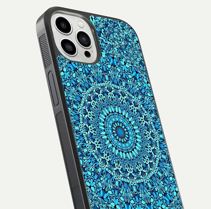 Ocean Bloom Mandala Glass Case for iPhone 13 Pro Max close-up angled shot highlighting detailed mandala and reflection