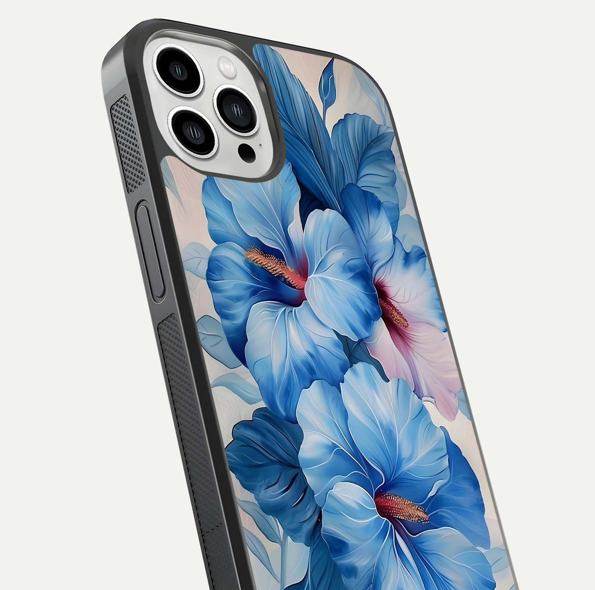 Ocean Hibiscus Grace Glass Case for iPhone 13 Pro Max close-up angled shot highlighting floral glow and HD shine