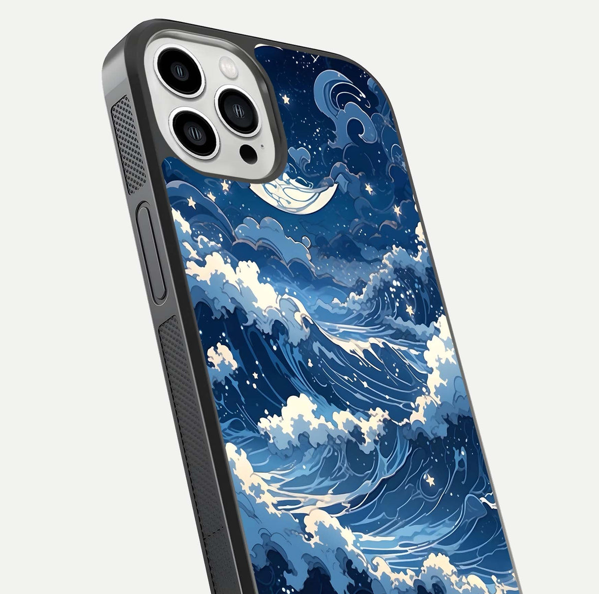 Ocean Moon Waves Glass Case for iPhone 13 Pro Max close-up angled shot showing HD reflection and calm tones
