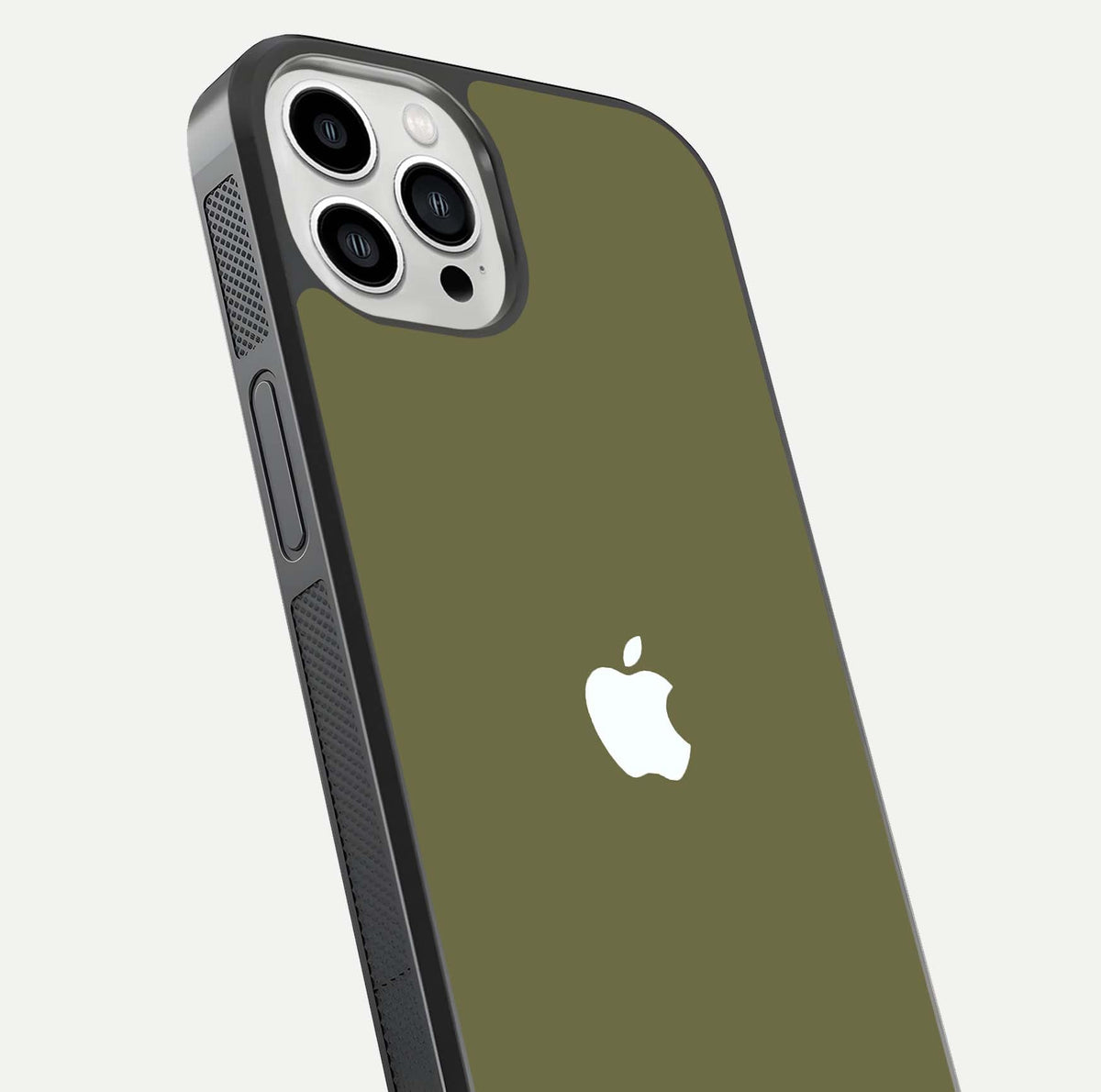 Olive Matte Essence Glass Case for iPhone 13 Pro Max close-up angled shot showing soft reflection and minimal finish