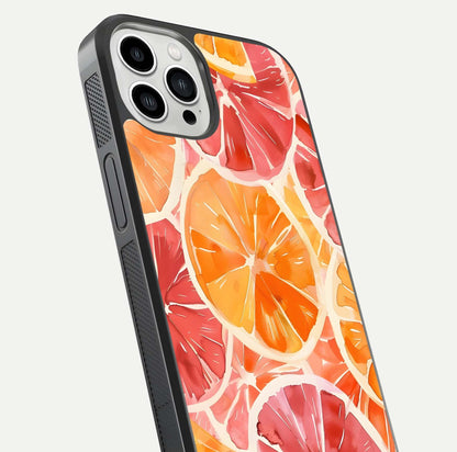 Orange Fruits Pattern Glass Case for iPhone 13 Pro Max close-up angled shot showing juicy fruit texture and reflection