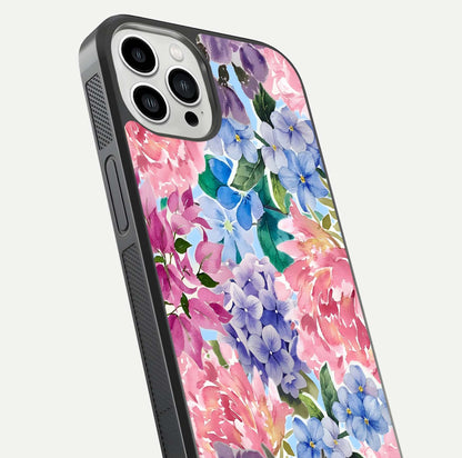 Pastel Floral Mix Glass Case for iPhone 13 Pro Max close-up angled shot highlighting flower detail and reflection
