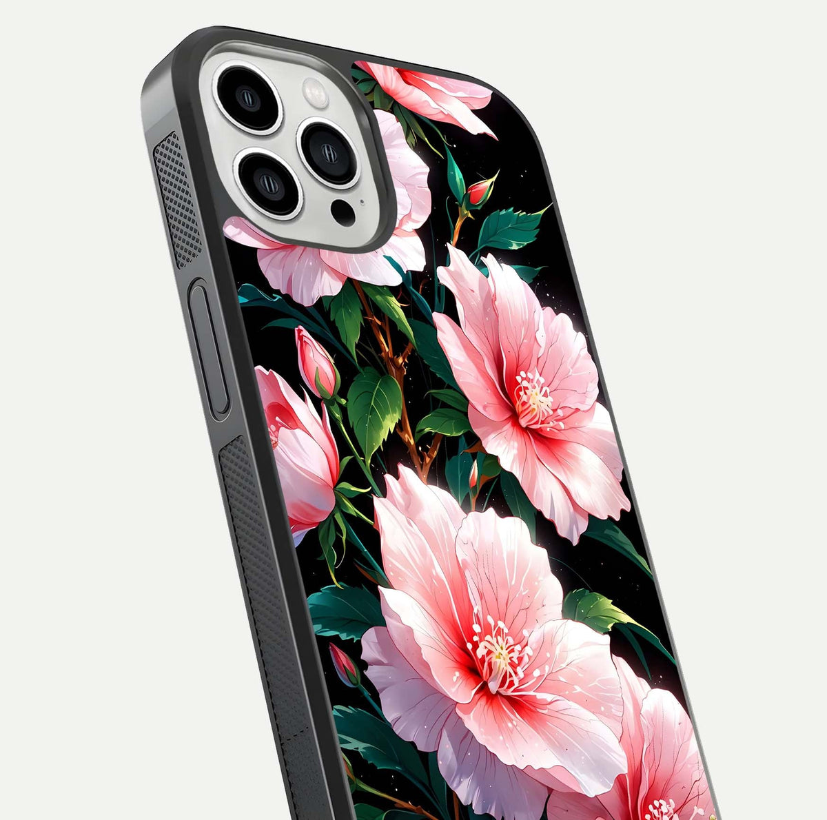 Peach Flower Glass Case for iPhone 13 Pro Max close-up angled shot highlighting floral petals and HD glass reflection