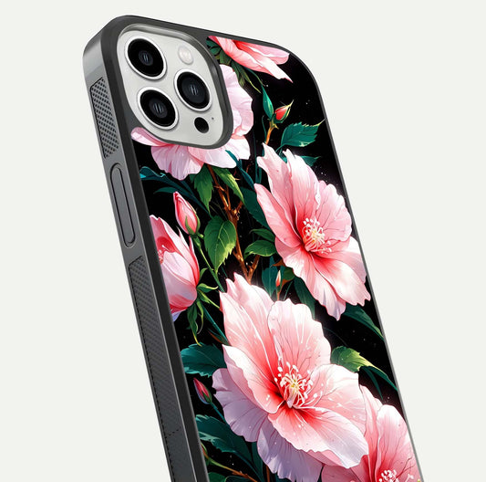 Peach Flower Glass Case for iPhone 13 Pro Max close-up angled shot highlighting floral petals and HD glass reflection