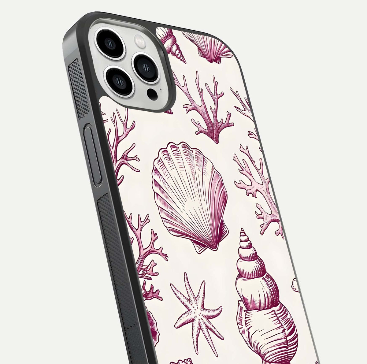 Pink Shells Outline Glass Case for iPhone 13 Pro Max close-up angled shot showing fine shell lines and reflection