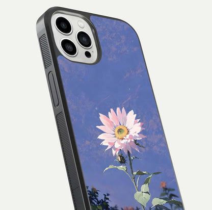 Pink Sunflower Glow Glass Case for iPhone 13 Pro Max close-up angled shot highlighting petal texture and reflection