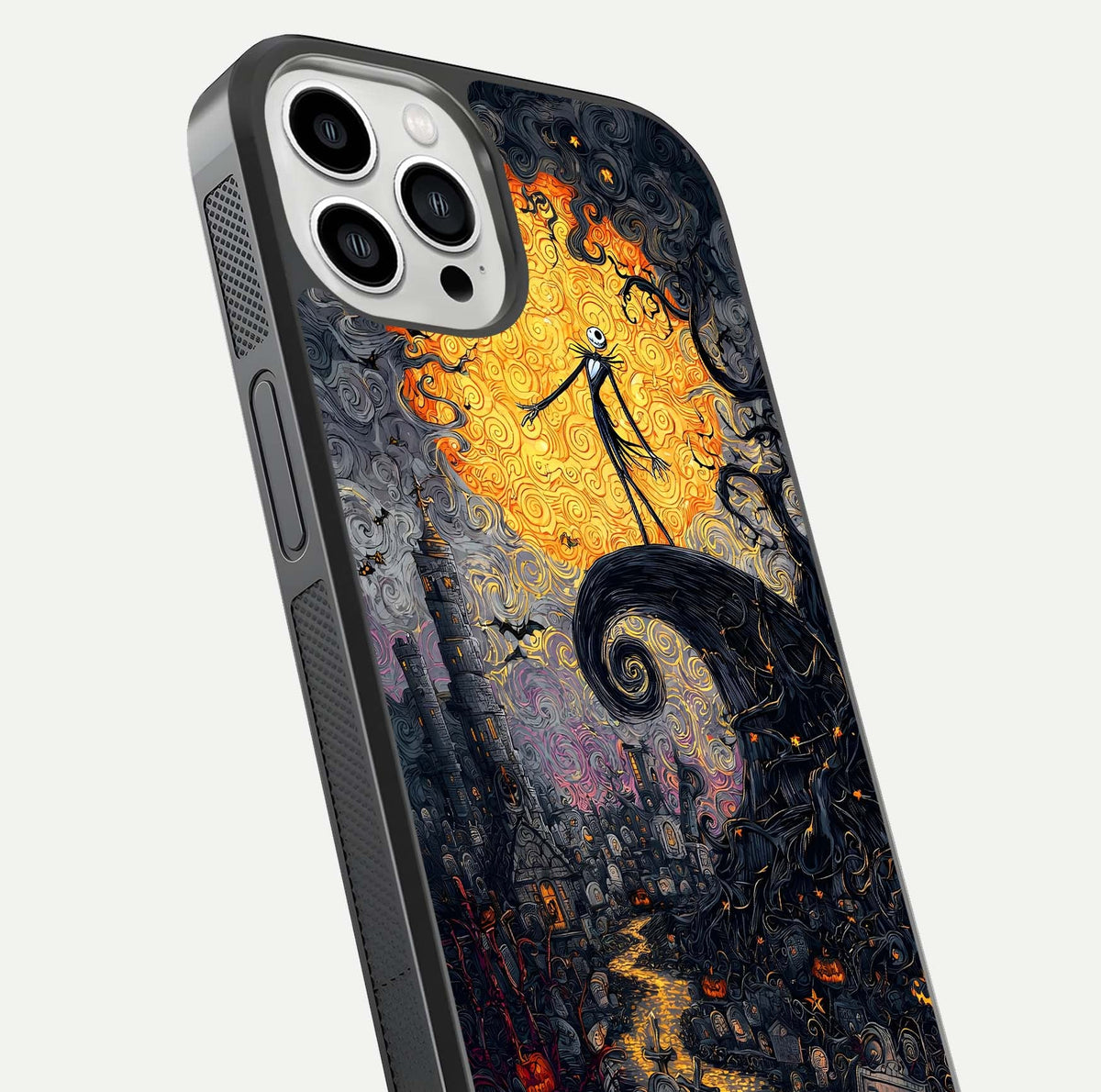 Pumpkin Moon Night Glass Case for iPhone 13 Pro Max close-up angled shot showing moon reflection and Halloween glow