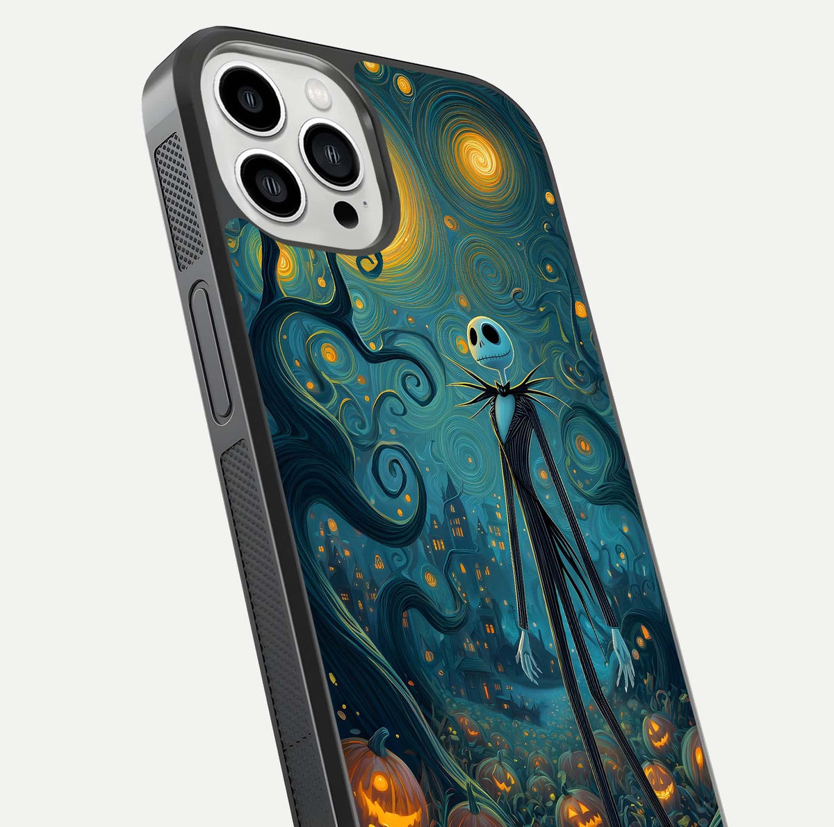 Pumpkin Moonlight Tale Glass Case for iPhone 13 Pro Max close-up angled shot highlighting reflection and vibrant glow