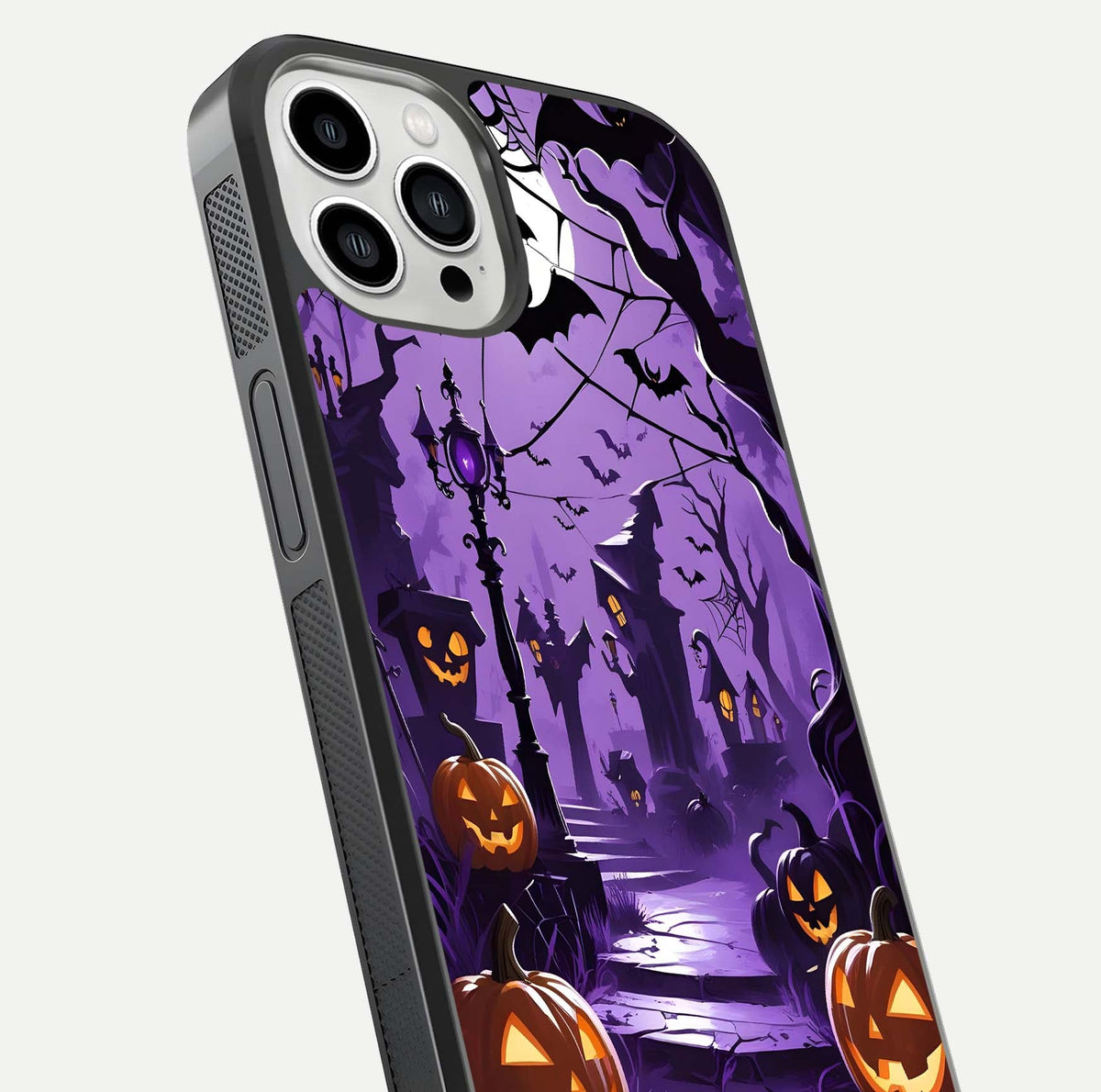 Pumpkin Patch Halloween Glass Case for iPhone 13 Pro Max close-up angled shot highlighting pumpkin texture and shine