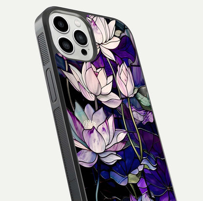 Purple Lotus Pattern Glass Case for iPhone 13 Pro Max close-up angled shot showing petal texture and HD reflection