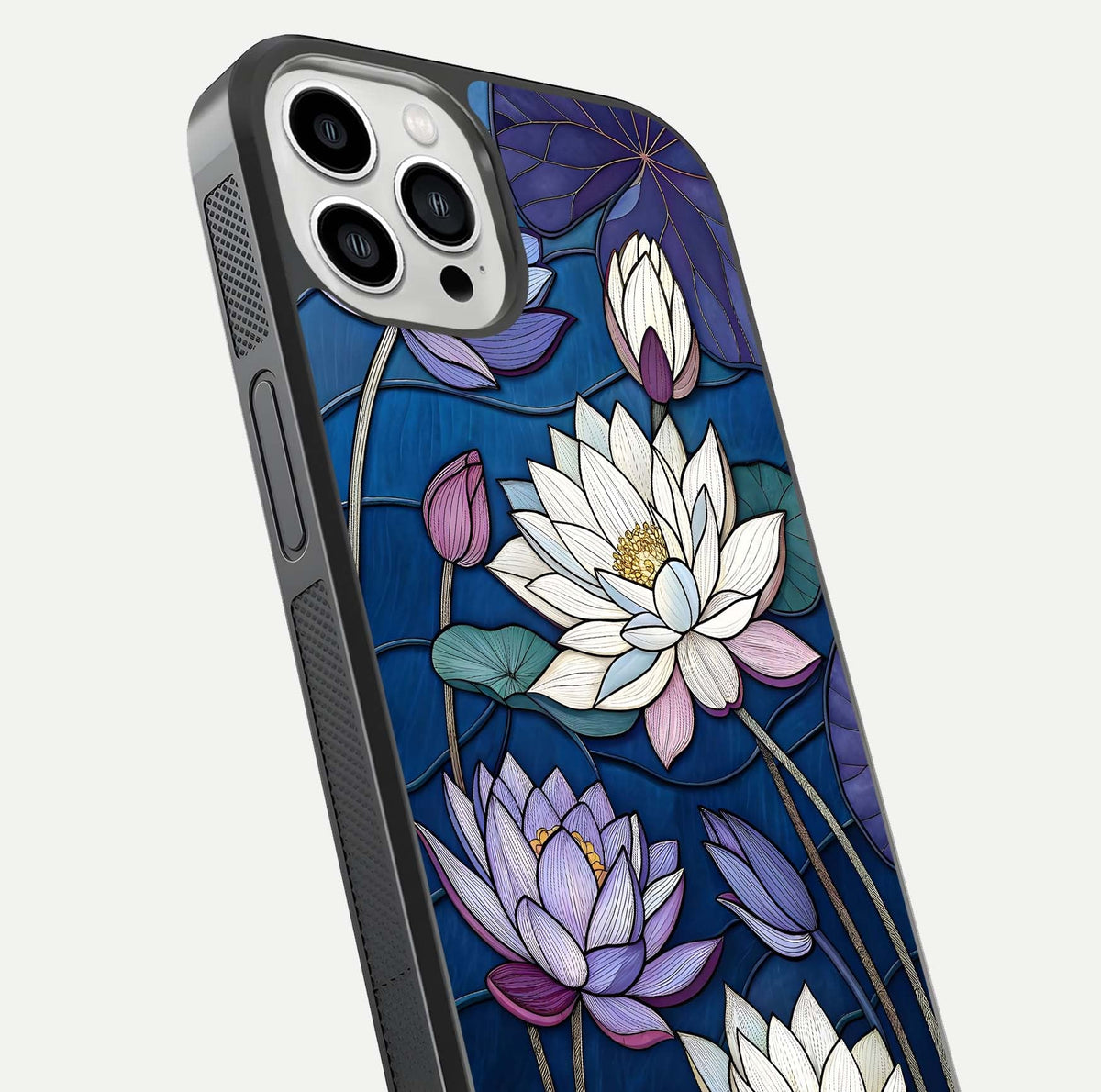 Purple Lotus Stained Glass Case for iPhone 13 Pro Max close-up angled shot highlighting glass pattern and reflection