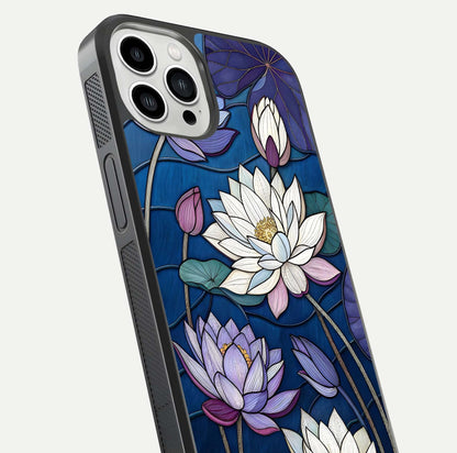 Purple Lotus Stained Glass Case for iPhone 13 Pro Max close-up angled shot highlighting glass pattern and reflection