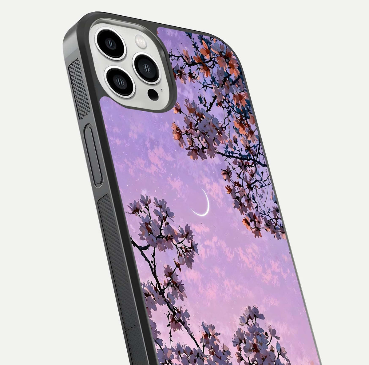 Purple Serenity Moon Glass Case for iPhone 13 Pro Max close-up angled shot showing reflection and gradient purple hues