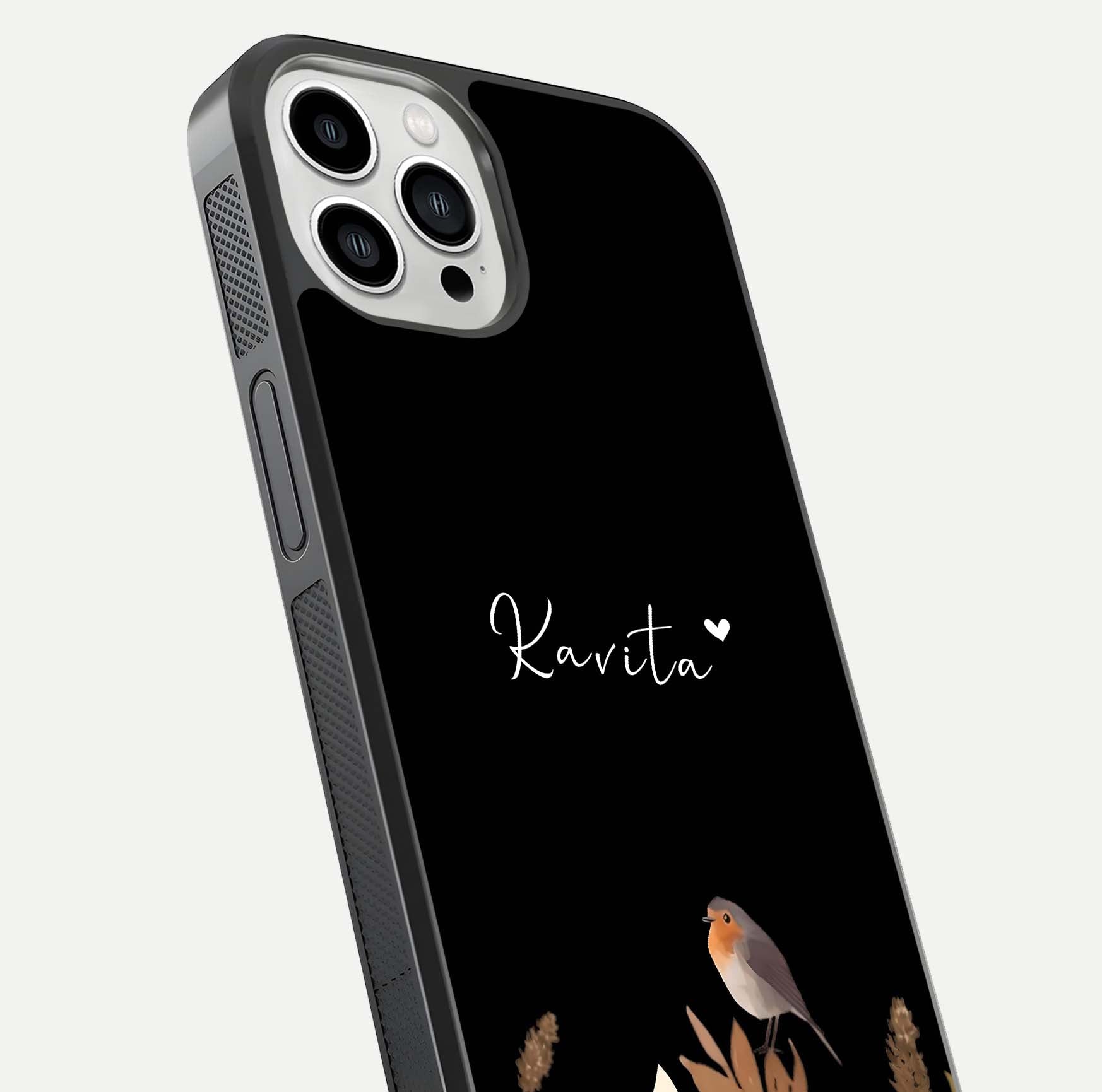Quiet Garden Tune Custom Name Glass Case for iPhone 13 Pro Max close-up angled shot showing soft tones and gloss reflection