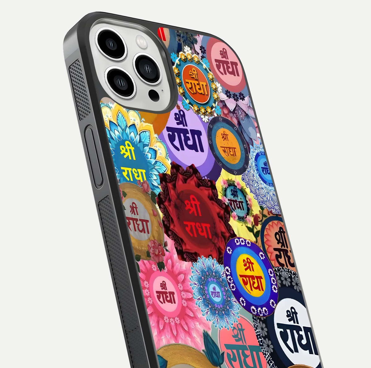Radha Divine Bloom Glass Case for iPhone 13 Pro Max close-up angled shot highlighting divine detailing and shine