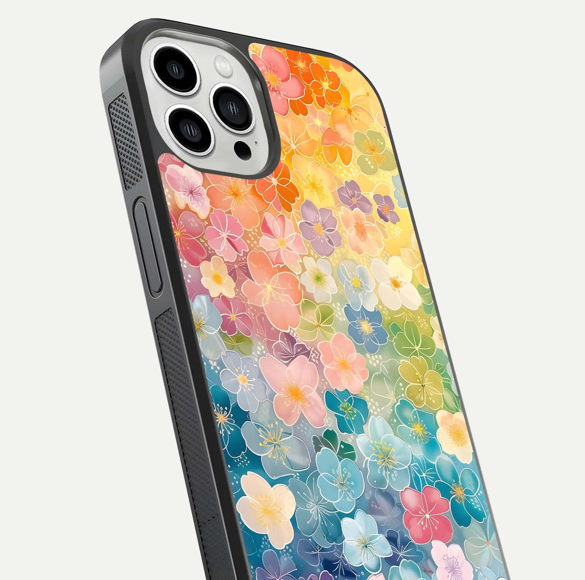 Rainbow Blossom Burst Glass Case for iPhone 13 Pro Max close-up angled shot showing petal colors and reflection