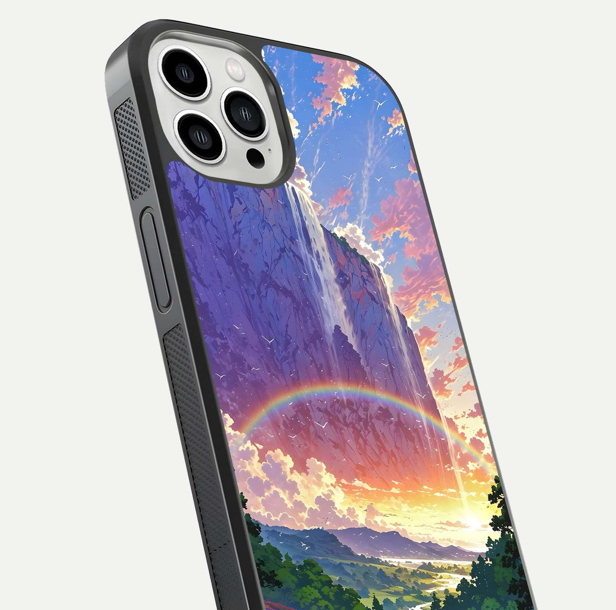 Rainbow Valley Dream Glass Case for iPhone 13 Pro Max close-up angled shot highlighting gradient tones and HD shine