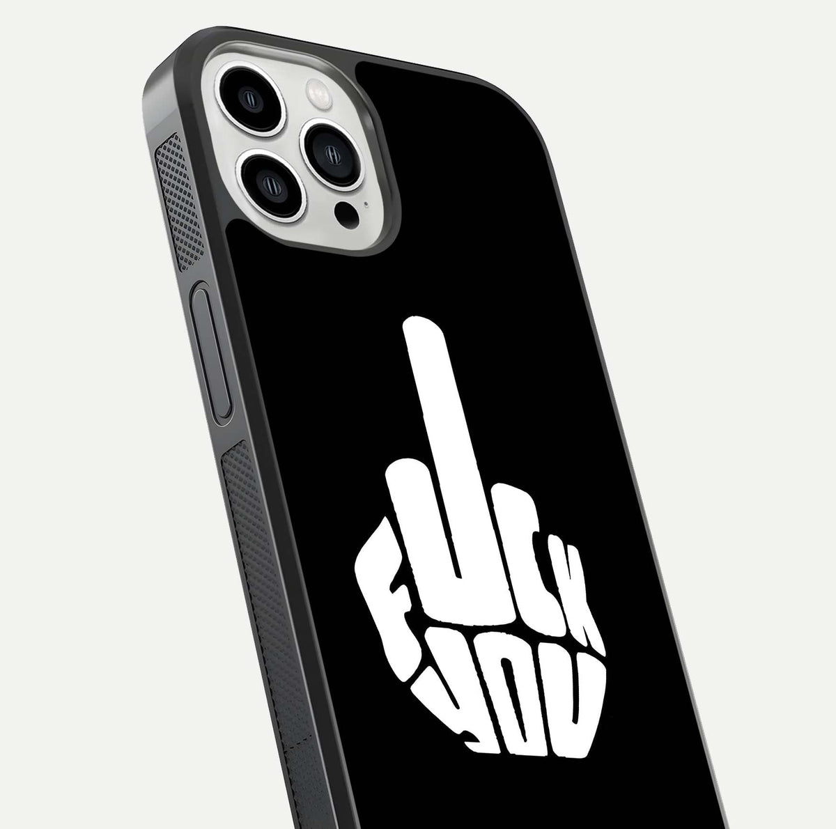 Rebel Mode On Glass Case for iPhone 13 Pro Max close-up angled shot highlighting reflective text and sharp design
