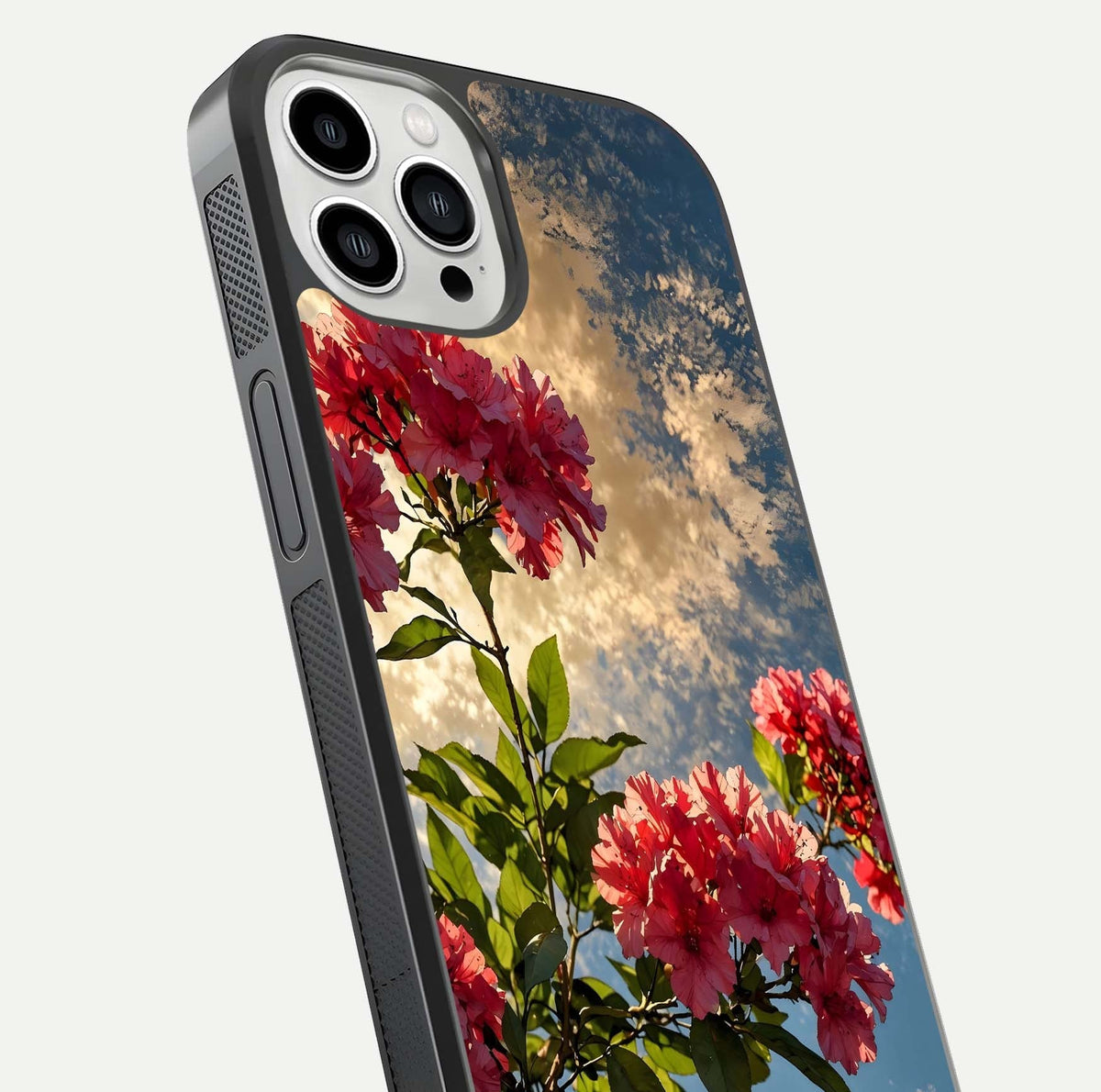 Red Bloom Skies Glass Case for iPhone 13 Pro Max close-up angled shot highlighting detailed blooms and reflection