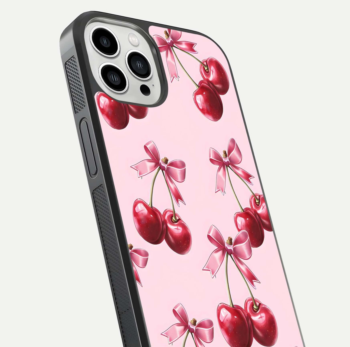 Red Cherries Pattern Glass Case for iPhone 13 Pro Max close-up angled shot showing cherry details and HD reflection