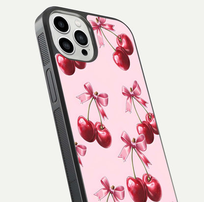 Red Cherries Pattern Glass Case for iPhone 13 Pro Max close-up angled shot showing cherry details and HD reflection