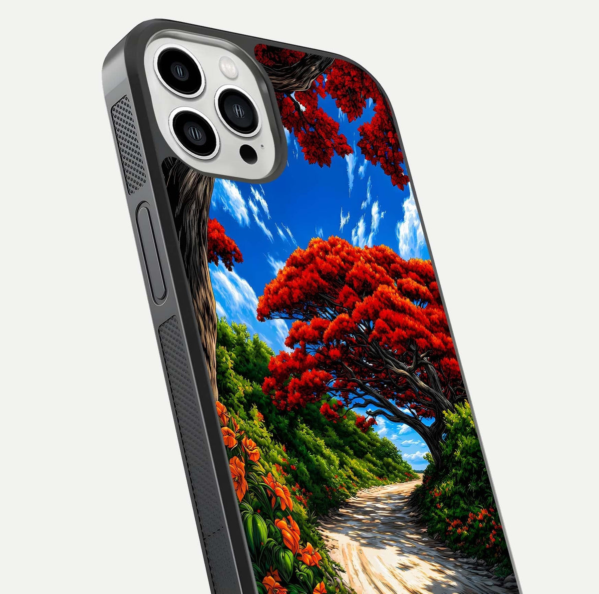 Red Trees Pathway Glass Case for iPhone 13 Pro Max close-up angled shot highlighting forest detail and reflection