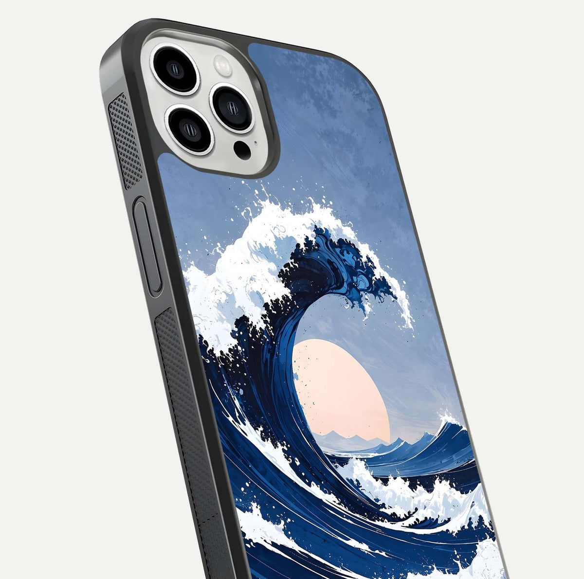 Rising Tide Power Glass Case for iPhone 13 Pro Max close-up angled shot highlighting water motion and reflection