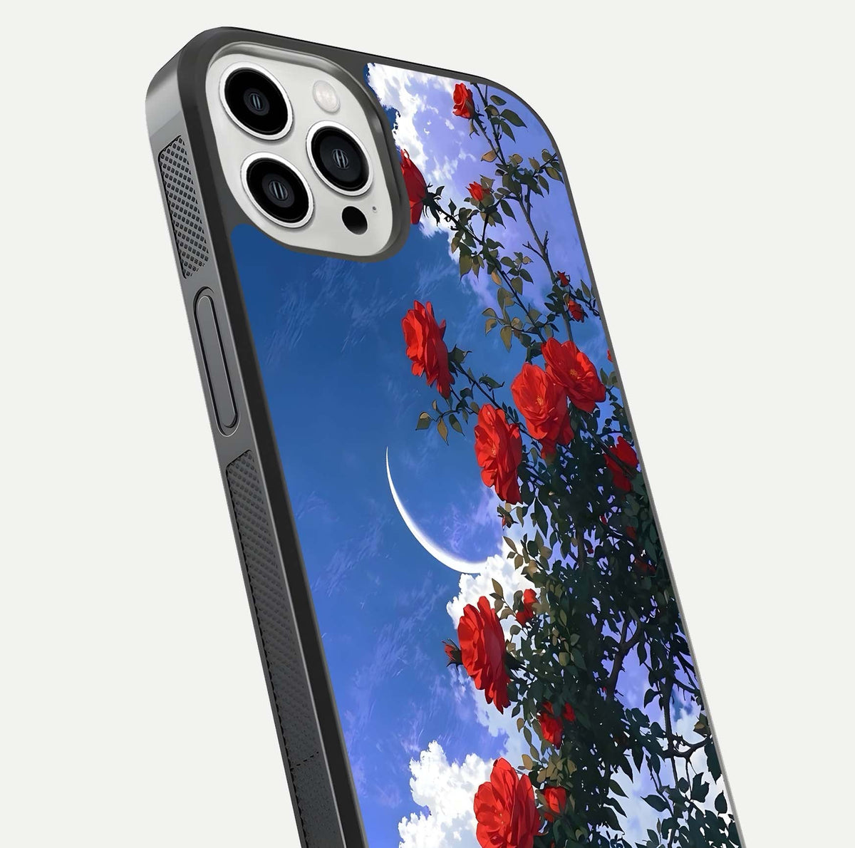 Rose Drift Flowers Glass Case for iPhone 13 Pro Max close-up angled shot highlighting floral texture and reflection