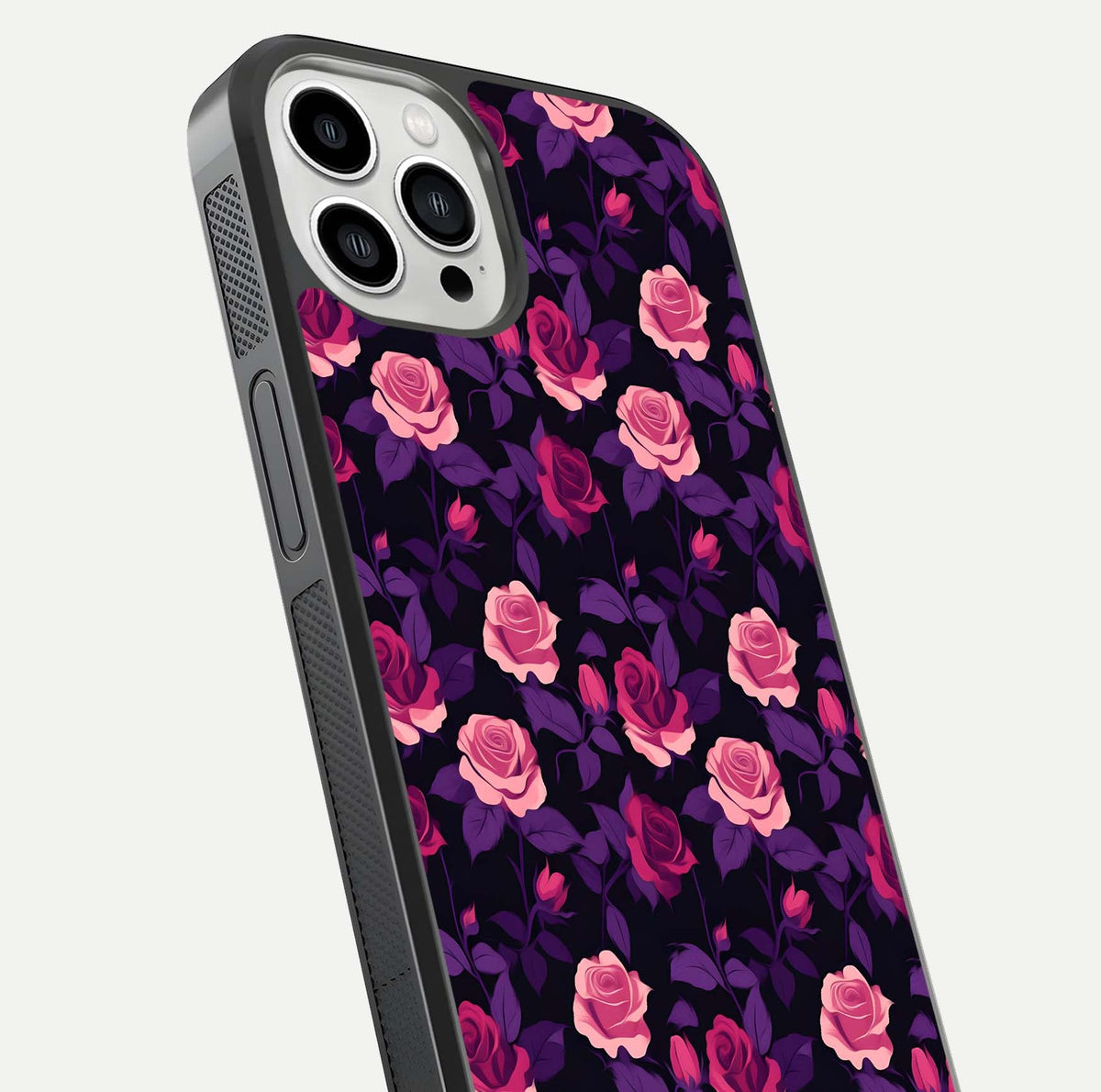 Rose Garden Twilight Glass Case for iPhone 13 Pro Max close-up angled shot highlighting rose contrast and reflection