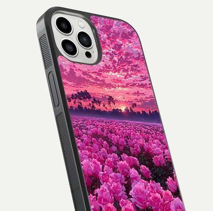 Rose Sunset Valley Glass Case for iPhone 13 Pro Max close-up angled shot showing rose detailing and golden hues
