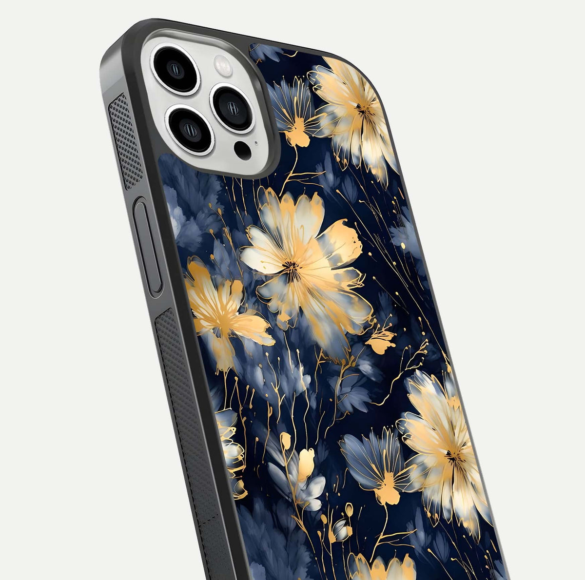 Royal Petal Dream Glass Case for iPhone 13 Pro Max close-up angled shot highlighting petal texture and reflection depth