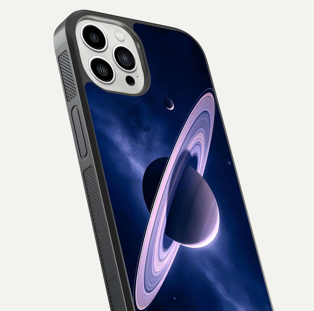 Saturn Ring Mystique Glass Case for iPhone 13 Pro Max close-up angled shot highlighting ring detail and HD reflection