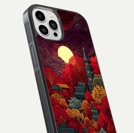 Scarlet Autumn Temple Glass Case for iPhone 13 Pro Max close-up angled shot highlighting golden leaves and reflection