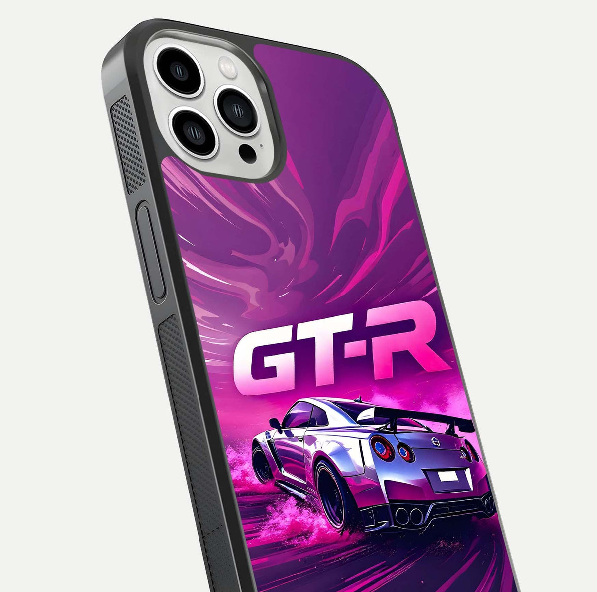 Speed Drift Legend Glass Case for iPhone 13 Pro Max close-up angled shot highlighting speed lines and reflection